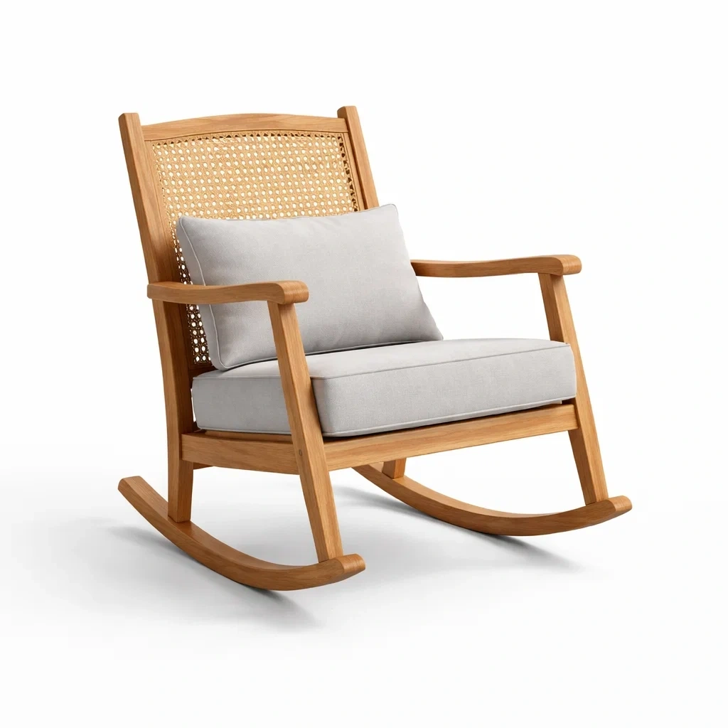 Sedia a dondolo in legno con seduta in tessuto e schienale in rattan grigio-PLUSHSEATCRAFT