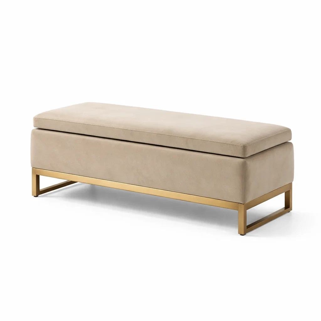 Panca contenitore in tessuto beige con struttura in metallo-PLUSHSEATCRAFT