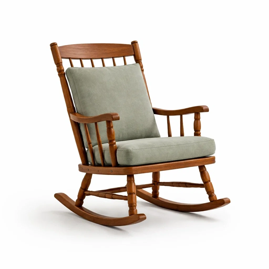 Sedia a dondolo in legno con imbottitura verde chiaro-PLUSHSEATCRAFT