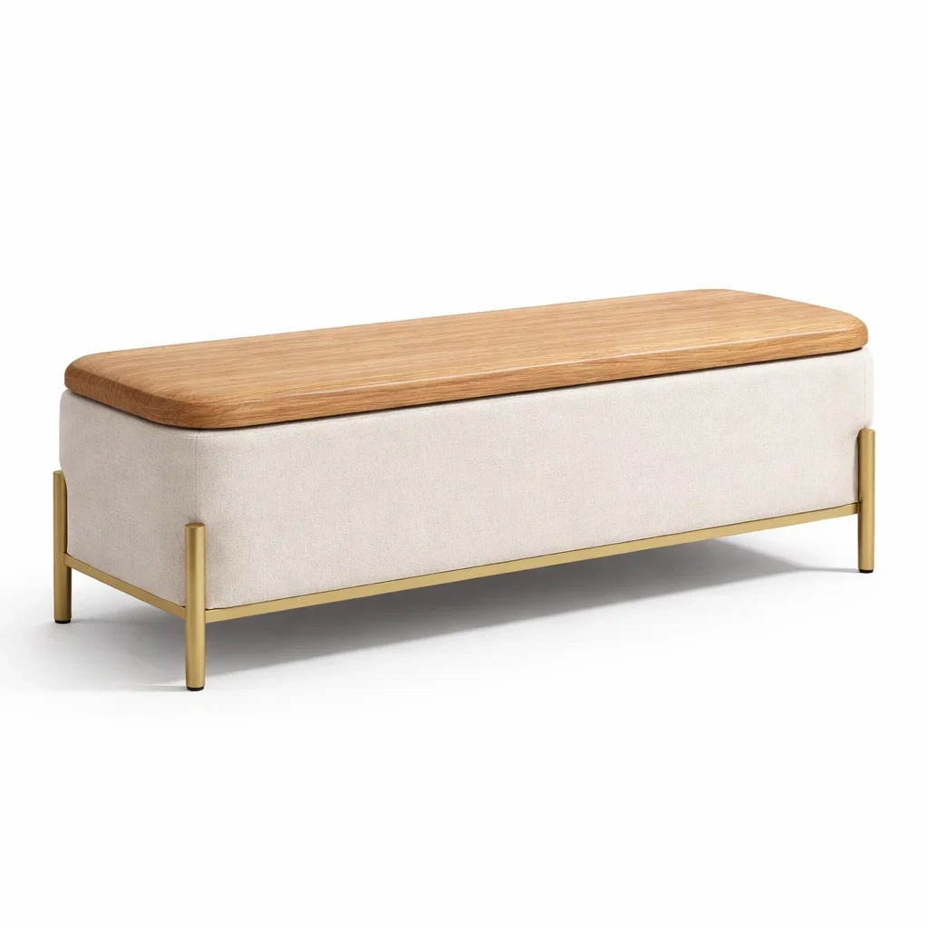 Panca contenitore in tessuto beige con top in legno-PLUSHSEATCRAFT