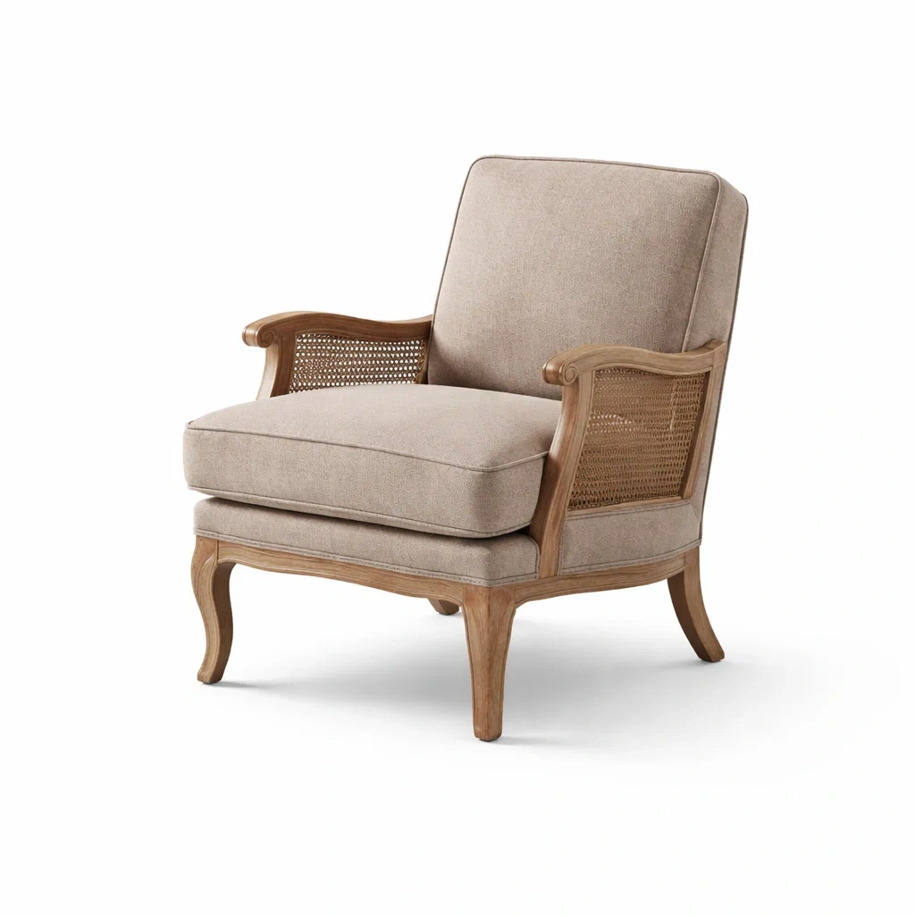 Poltrona in tessuto beige rattan rovere-PLUSHSEATCRAFT