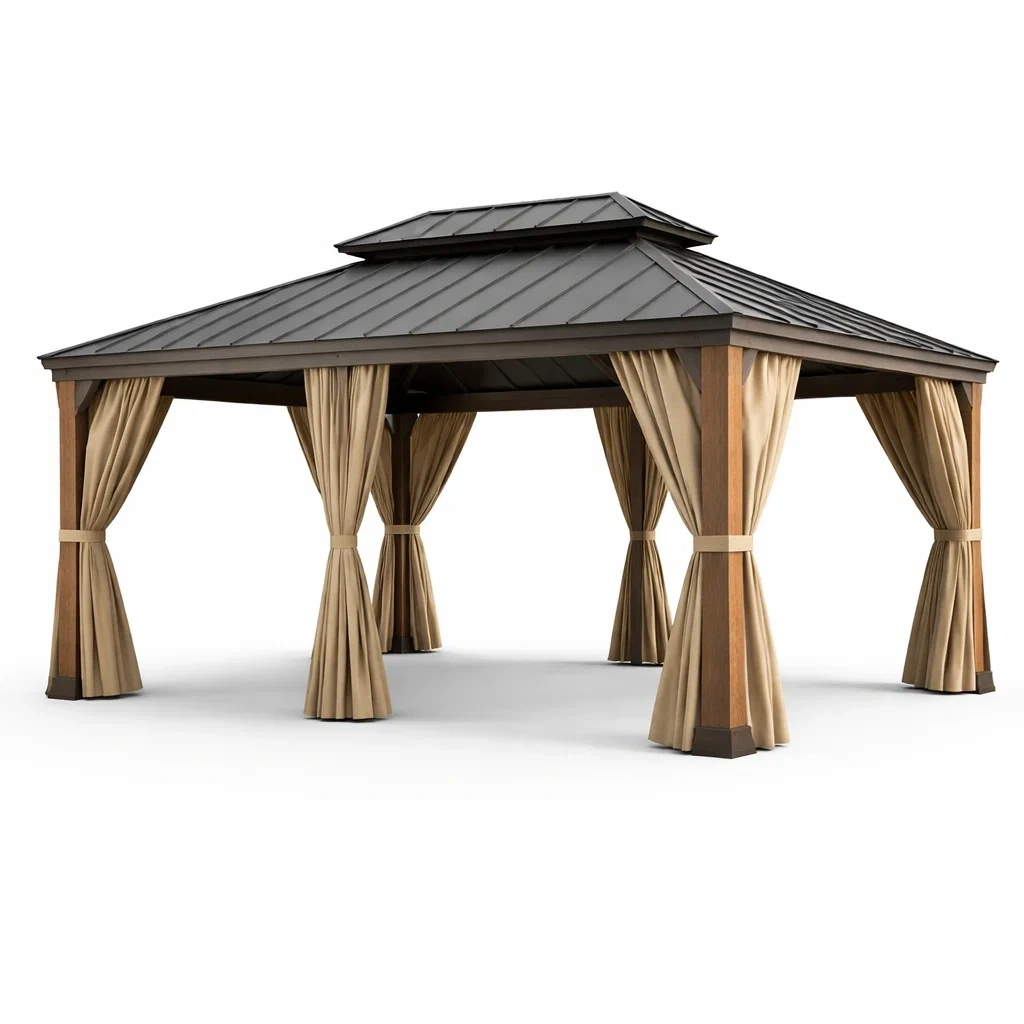 Gazebo in acciaio e legno con tende in poliestere marrone e beige 4x3 m-PLUSHSEATCRAFT