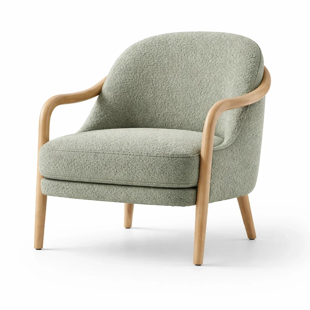 Poltrona in tessuto bouclé verde e legno massello-PLUSHSEATCRAFT