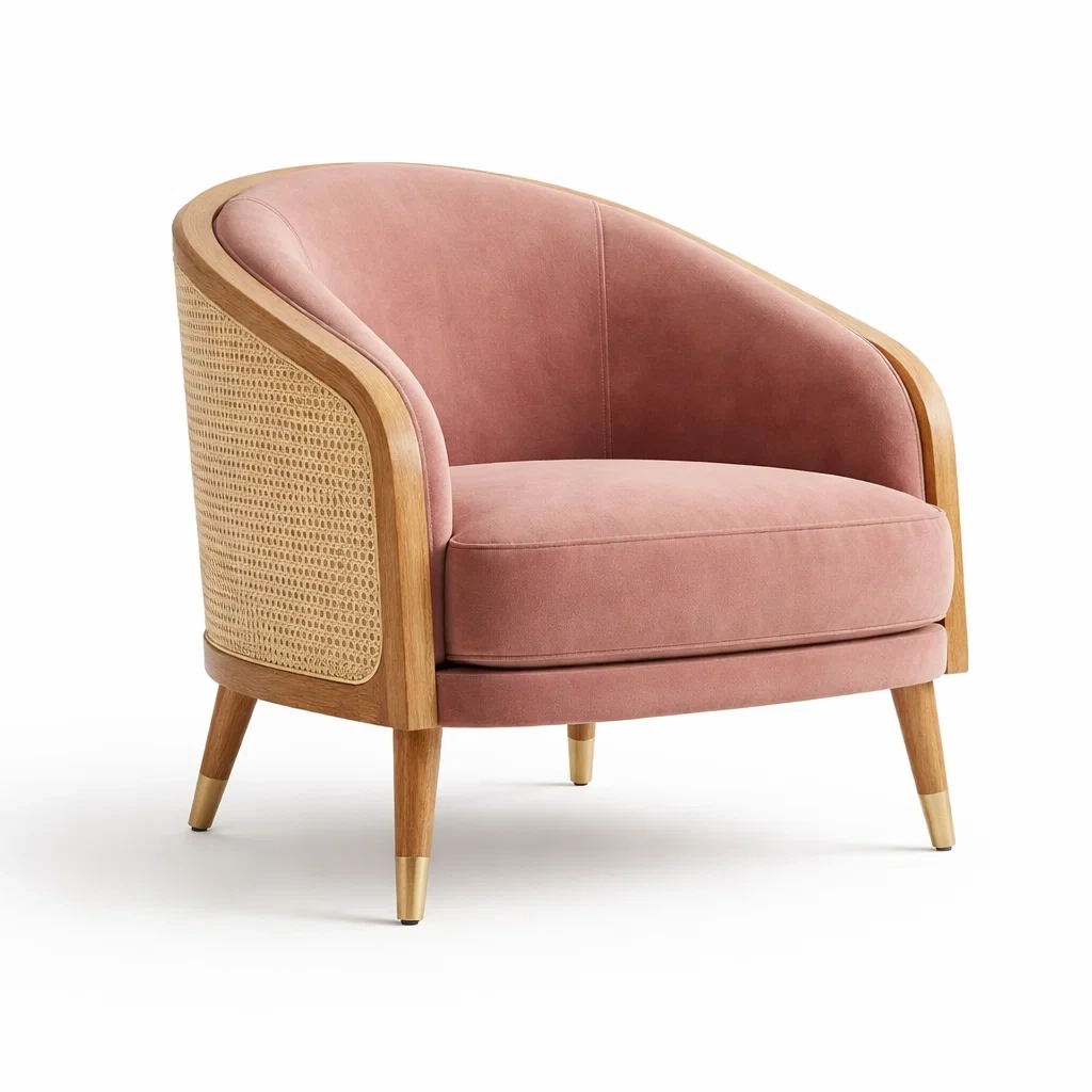 Poltrona in velluto con struttura in legno di rovere e rattan-PLUSHSEATCRAFT