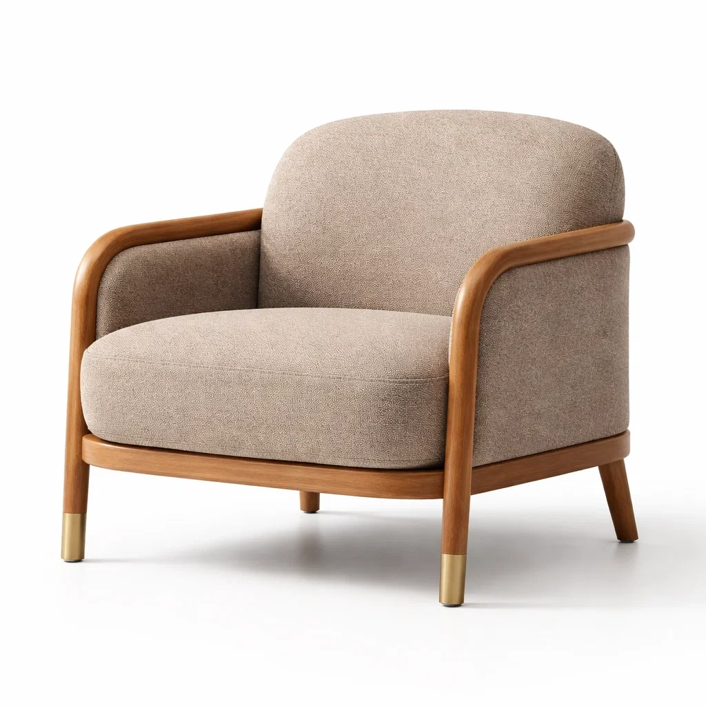 Poltrona in tessuto marrone chiaro con struttura in legno di faggio-PLUSHSEATCRAFT