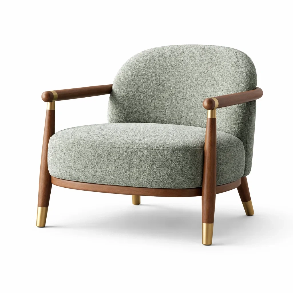 Poltrona imbottita in legno di noce e ottone grigio chiaro-PLUSHSEATCRAFT