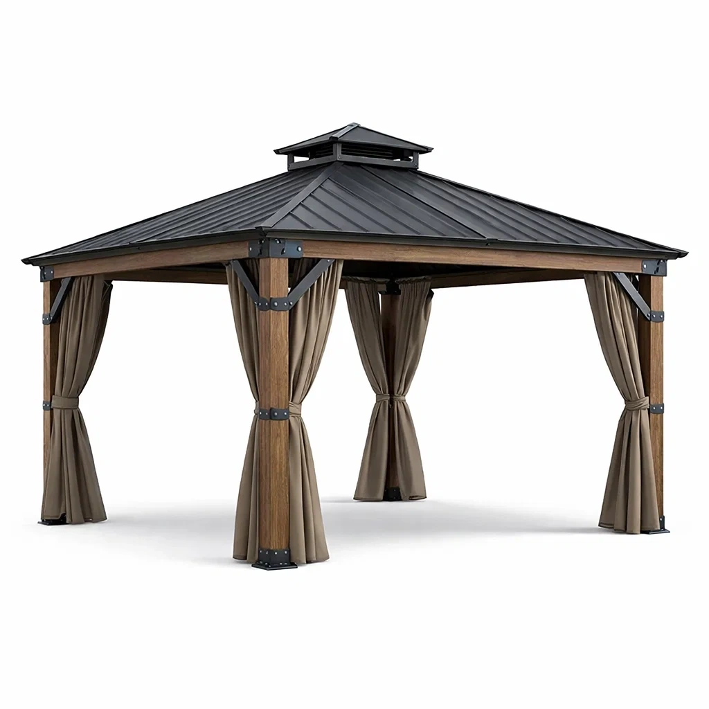 Gazebo da esterno in legno e metallo con tetto in lamiera nera-PLUSHSEATCRAFT
