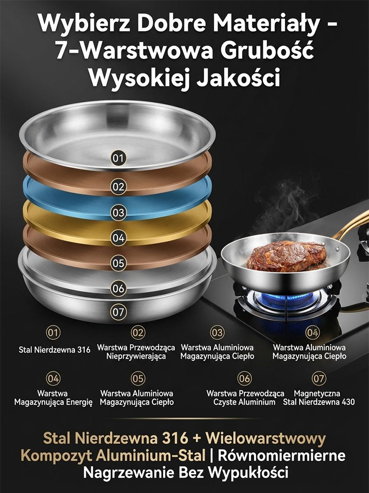 Patelnia z antybakteryjną, niepowlekaną, złotą rączką i powłoką zapobiegającą przywieraniu
