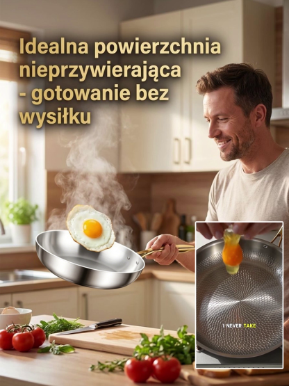 Patelnia z antybakteryjną, niepowlekaną, złotą rączką i powłoką zapobiegającą przywieraniu