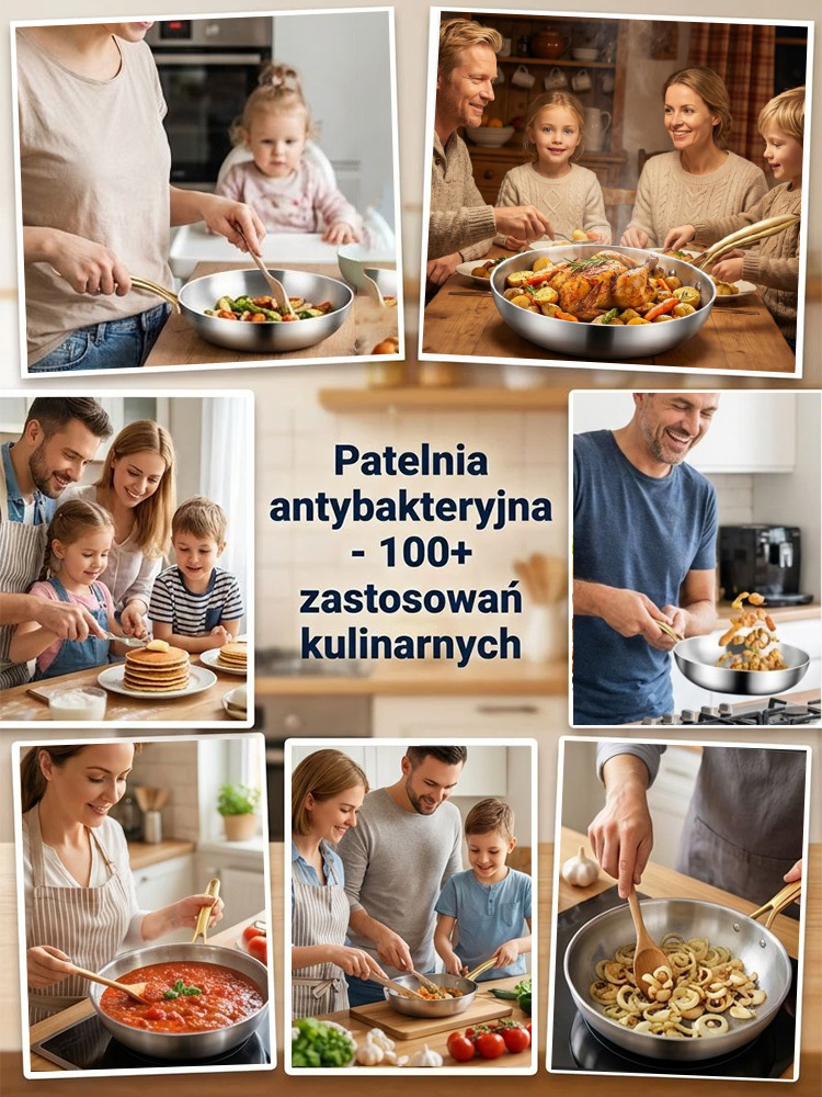 Patelnia z antybakteryjną, niepowlekaną, złotą rączką i powłoką zapobiegającą przywieraniu