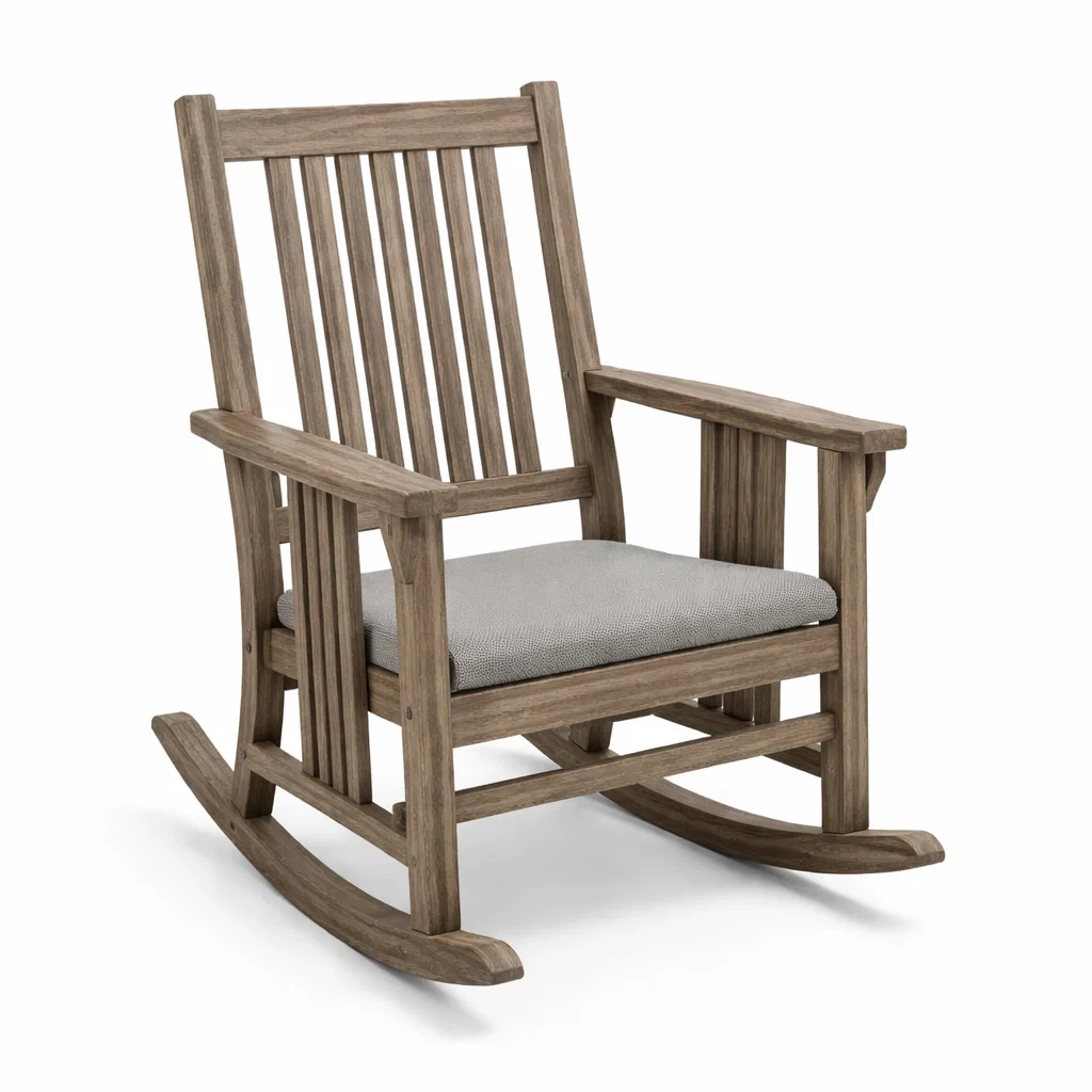 Sedia a dondolo in legno con seduta imbottita grigia-LUXECUSHIONFIT