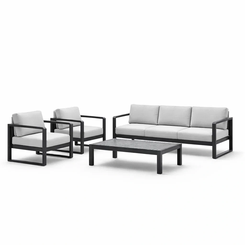 Set di divani da giardino in alluminio con cuscini in poliestere grigio e nero-LUXECUSHIONFIT