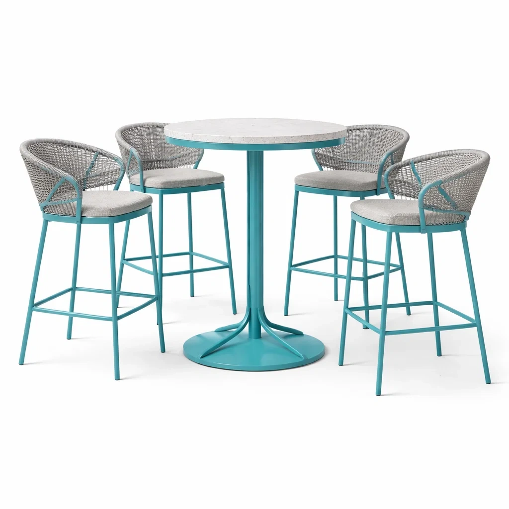 Set tavolo bar e sgabelli rotondo in metallo e cemento con 4 sgabelli in metallo e rattan grigio e turchese-LUXECUSHIONFIT
