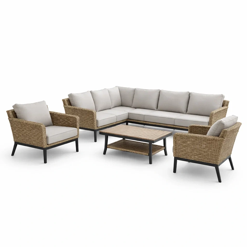Set di divani angolare da giardino con tavolino in rattan sintetico e cuscini grigi-LUXECUSHIONFIT