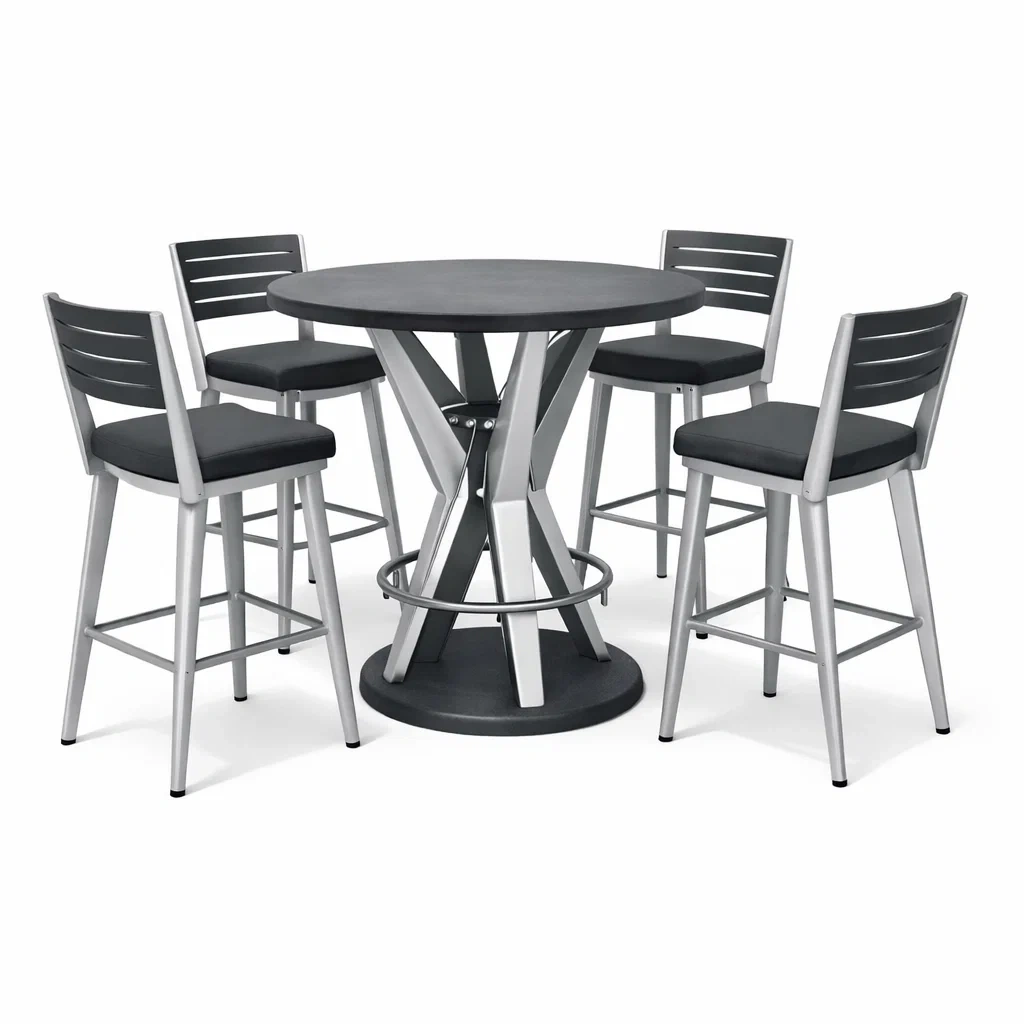Set tavolo bar e sgabelli rotondo alto con 4 sgabelli in metallo nero-LUXECUSHIONFIT