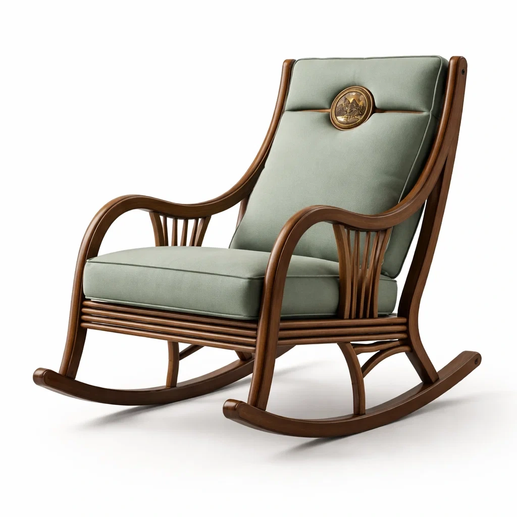 Sedia a dondolo in rattan con cuscino in tessuto verde-LUXECUSHIONFIT
