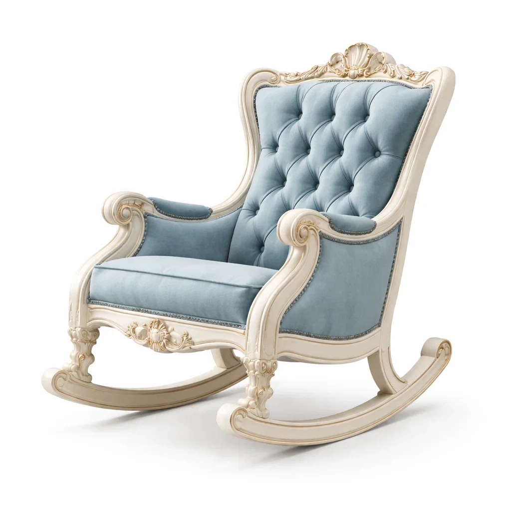 Sedia a dondolo in legno massello con rivestimento in velluto blu-LUXECUSHIONFIT