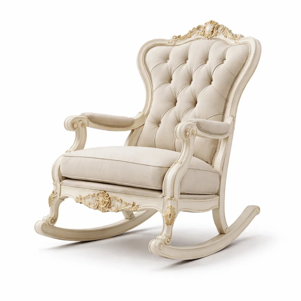 Sedia a dondolo imbottita beige in legno massello-LUXECUSHIONFIT