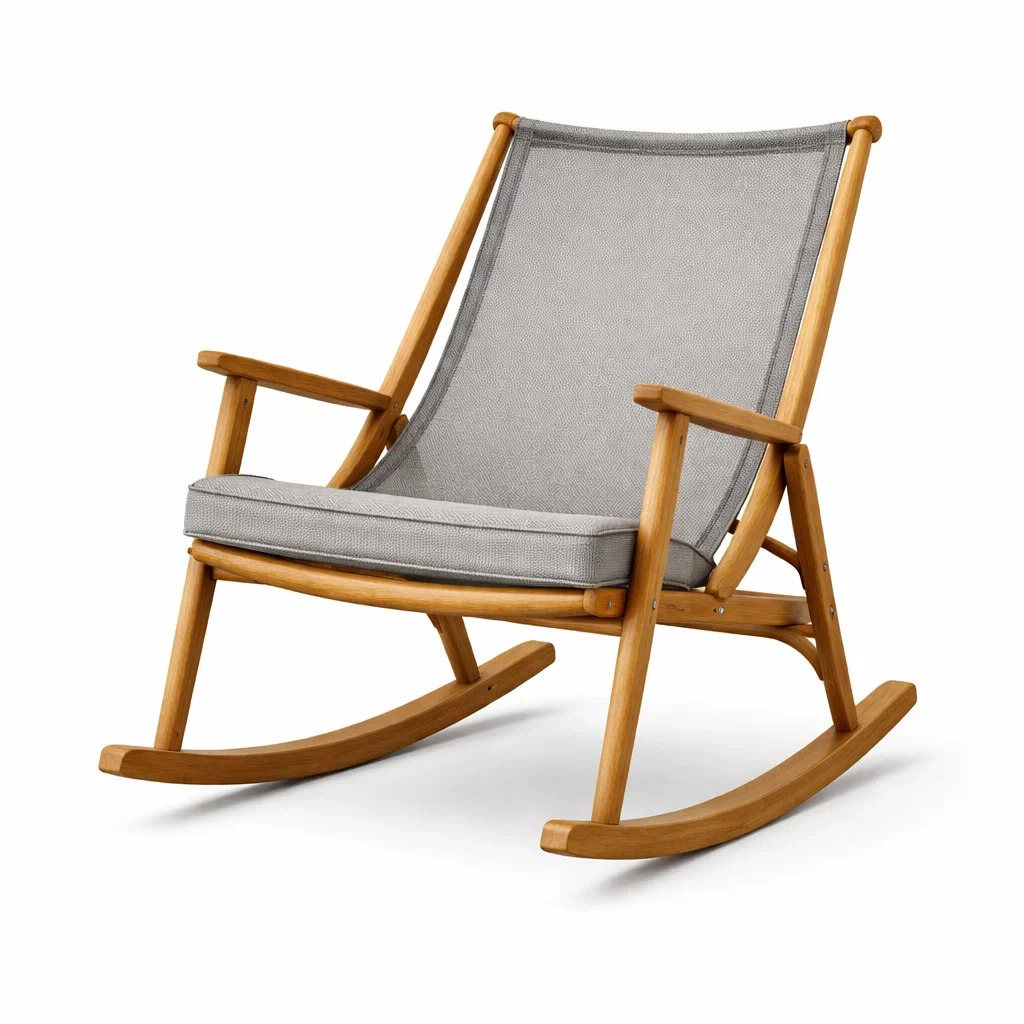 Sedia a dondolo in legno e tessuto in poliestere grigio-LUXECUSHIONFIT