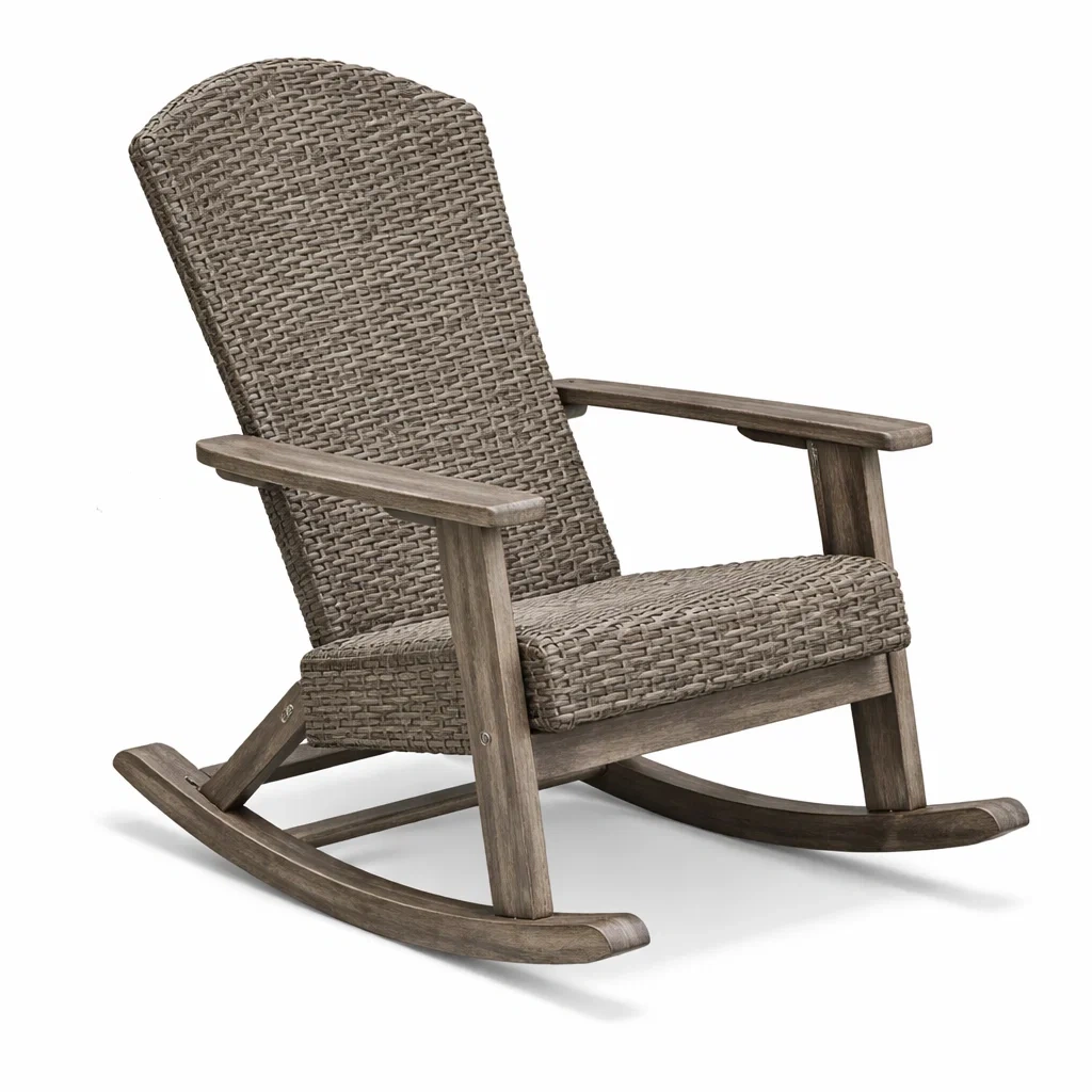Sedia a dondolo in rattan sintetico e legno massello marrone-LUXECUSHIONFIT