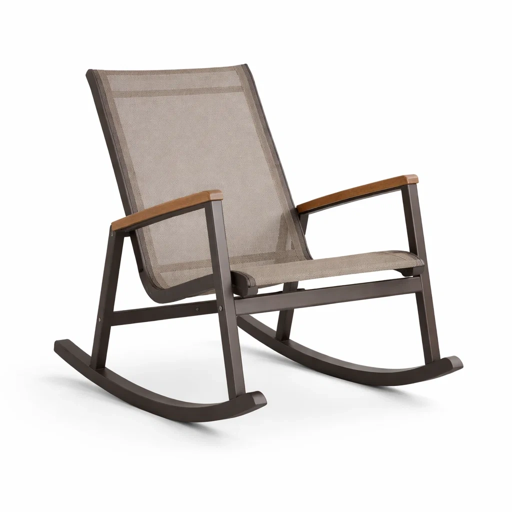 Sedia a dondolo in alluminio con braccioli in legno e tessuto traspirante-LUXECUSHIONFIT