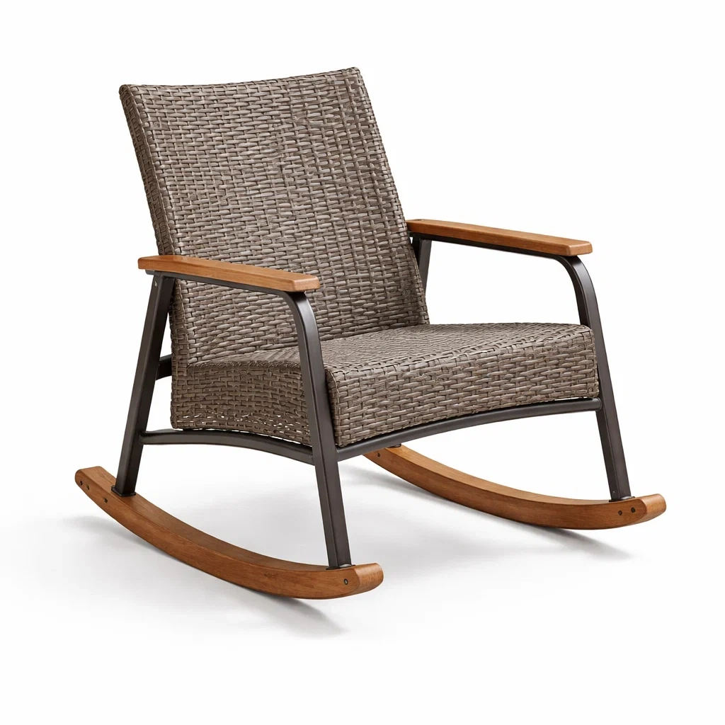 Sedia a dondolo in rattan sintetico con struttura in acciaio e braccioli in legno-LUXECUSHIONFIT