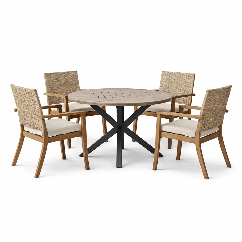 Set tavolo e sedie da giardino in legno teak e metallo con tavolo rotondo e 4 sedie-LUXECUSHIONFIT
