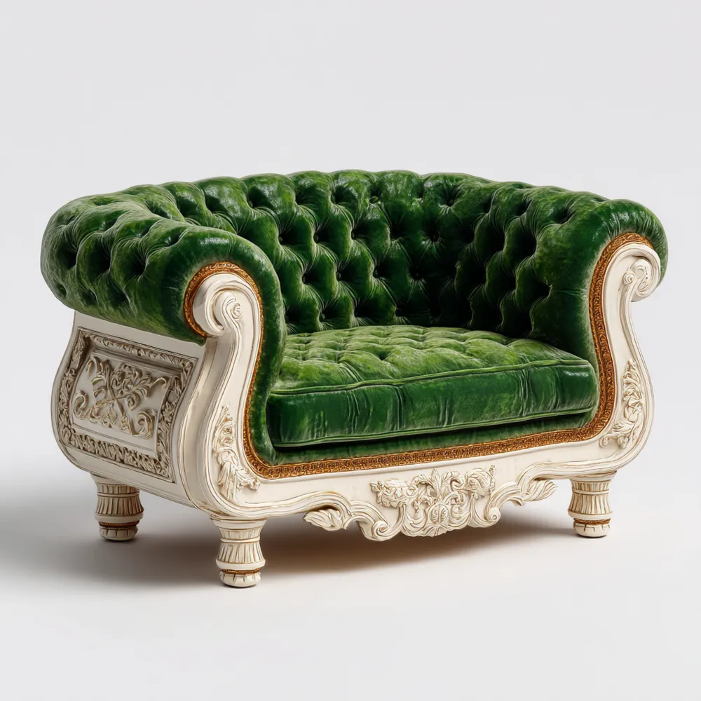 Divano due posti 140x85x90 cm in Velluto Verde - Design classico intagliato