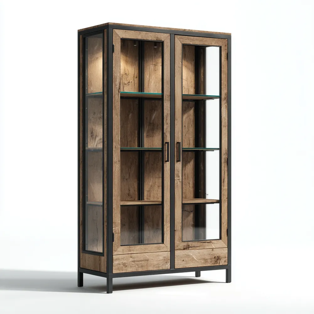 Armadio Vetrina in Legno e Vetro con Struttura in Metallo 80x35x190 cm - Colore Legno Naturale - Stile Industriale