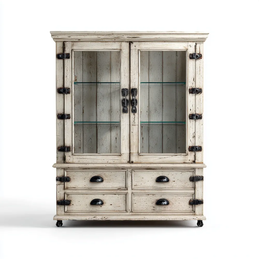 Credenza in legno massello con ante in vetro 120x45x190 cm - Colore Antico - Stile Rustico