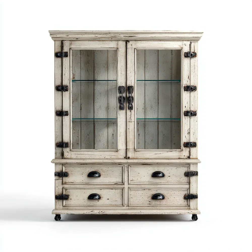 Credenza in legno massello con ante in vetro 120x45x190 cm - Colore Antico - Stile Rustico