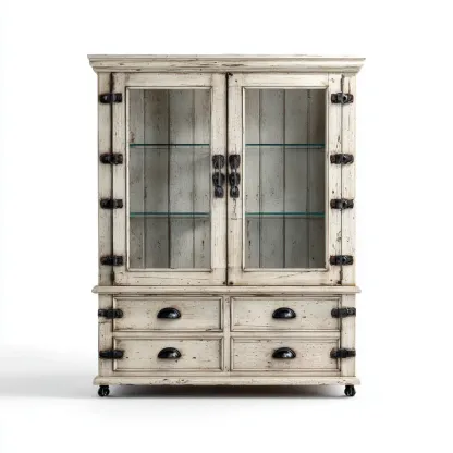 Credenza in legno massello con ante in vetro 120x45x190 cm - Colore Antico - Stile Rustico