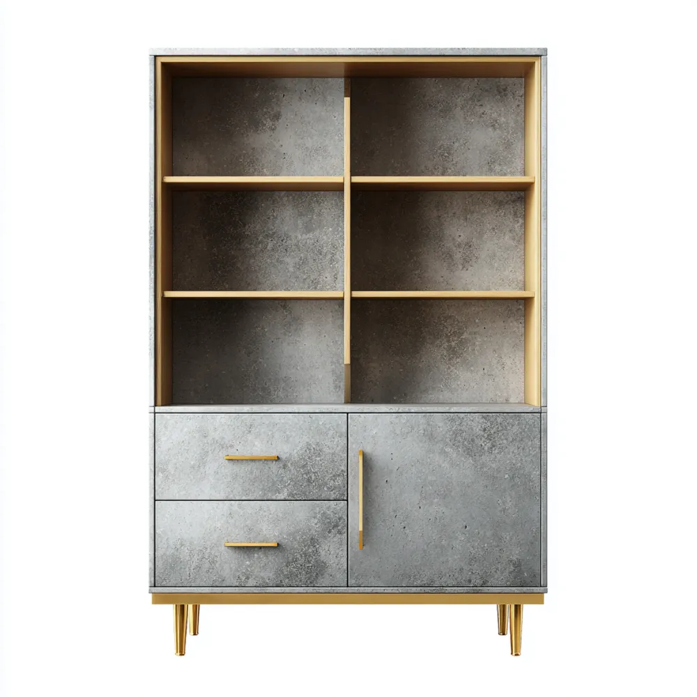 Libreria con cassetti Legno/Metallo 90x35x180 cm Grigio/Dorato - Design Moderno