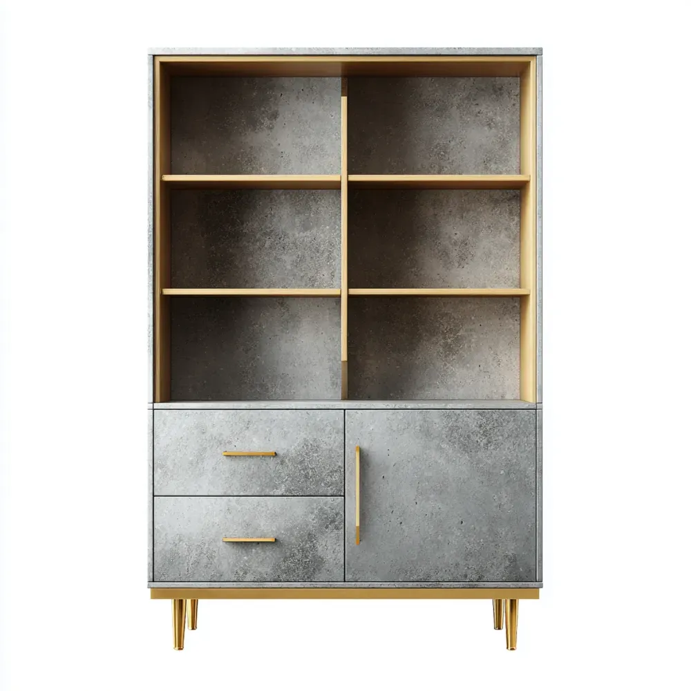 Libreria con cassetti Legno/Metallo 90x35x180 cm Grigio/Dorato - Design Moderno