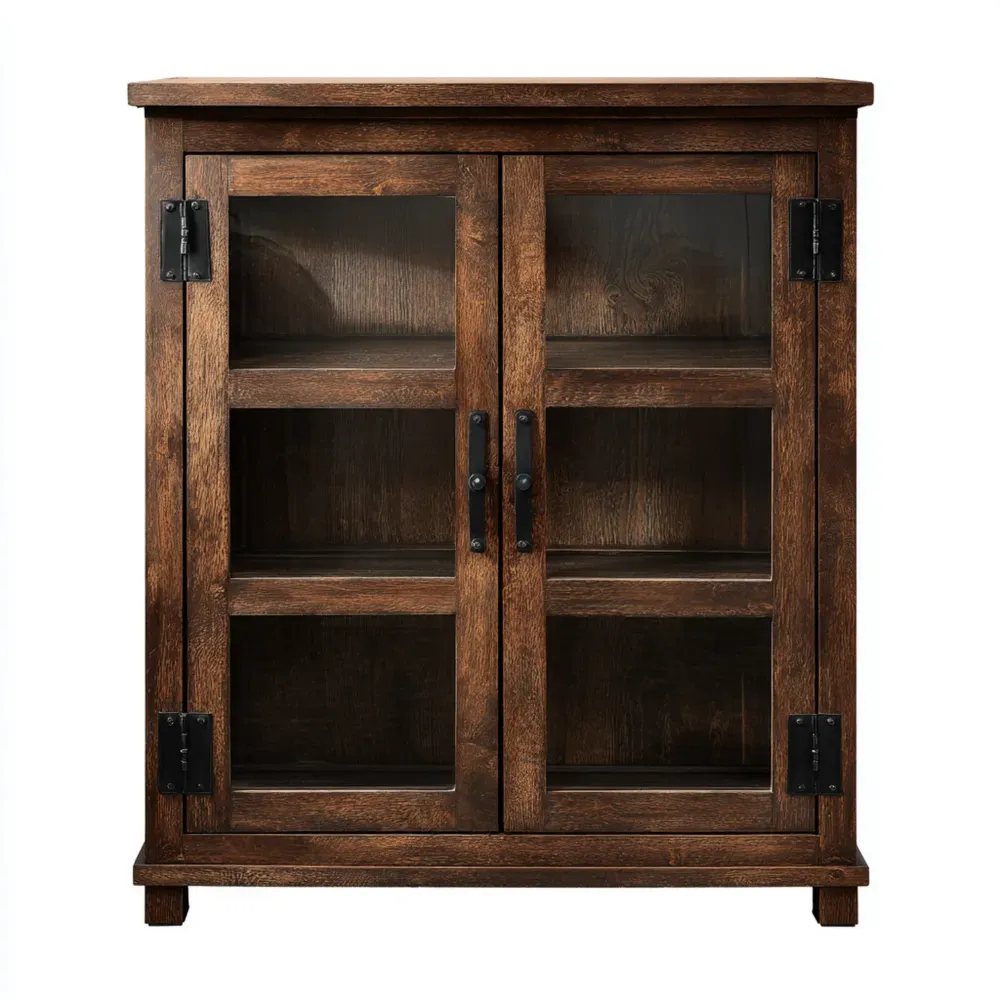 Credenza in legno massello 80x40x90 cm con ante in vetro - Marrone - Design rustico