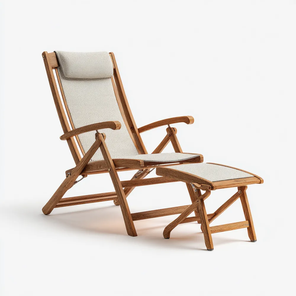 Chaise longue de jardin en bois avec repose-pieds – 82x58x105 cm – Bois clair/Beige – Design pliable