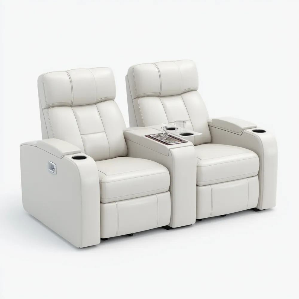 Canapé 2 places en cuir 180x95x105 cm avec repose-pieds – Ivoire – Design contemporain