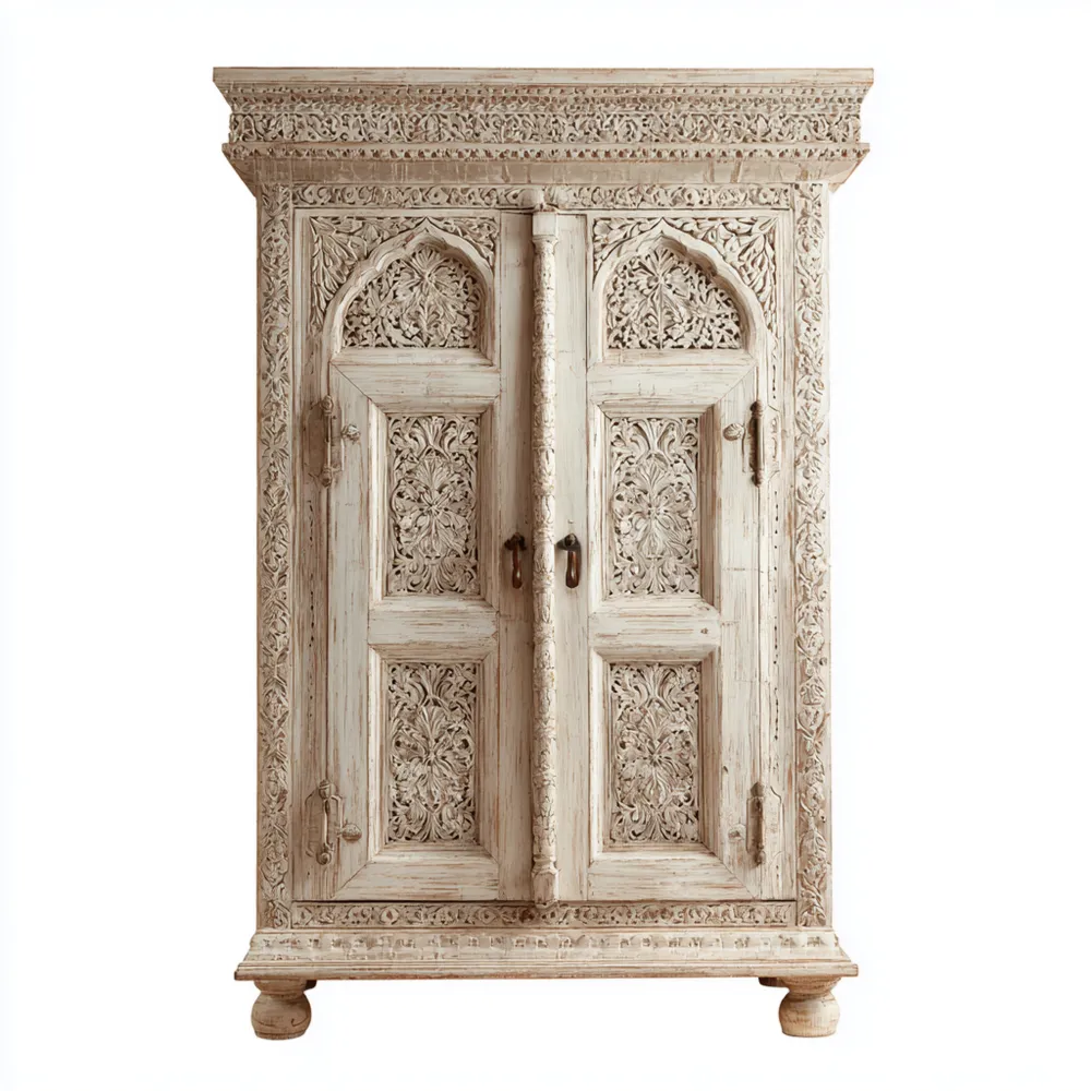 Armoire en bois sculpté 200x120x60 cm – Beige Antique – Style classique