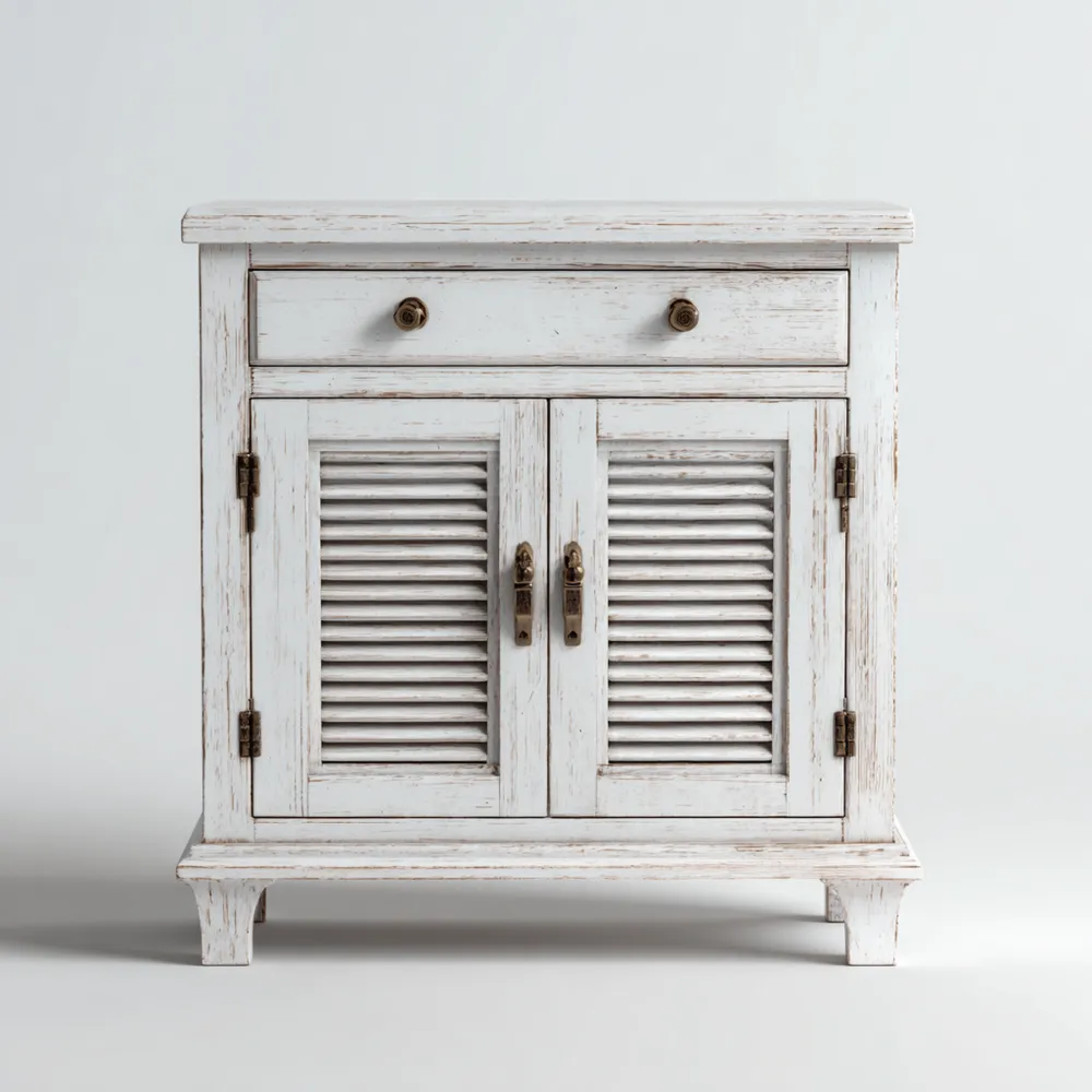 Buffet en bois vieilli 80x35x75 cm - Blanc - Style Vintage