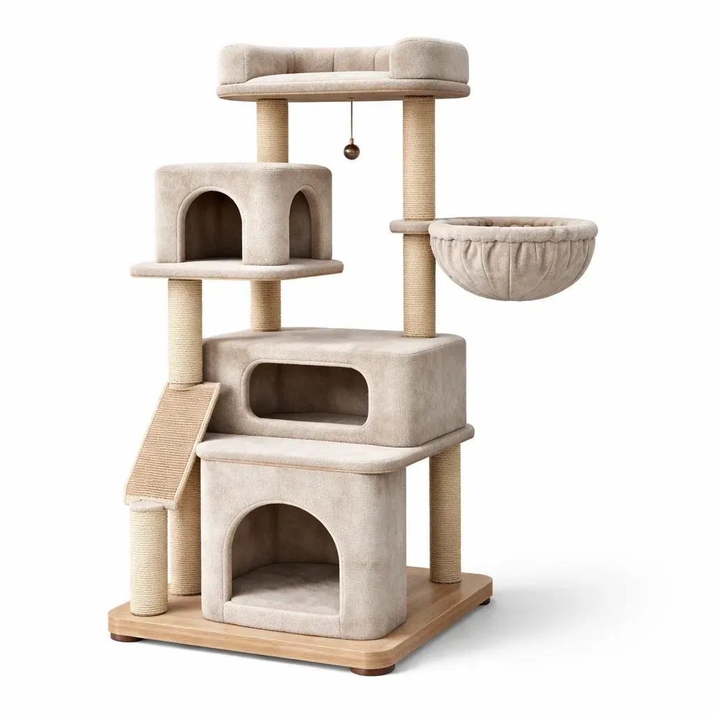 Tiragraffi per gatti in mdf con tessuto beige e colonne in sisal-PLUSHLIVINGSPACE