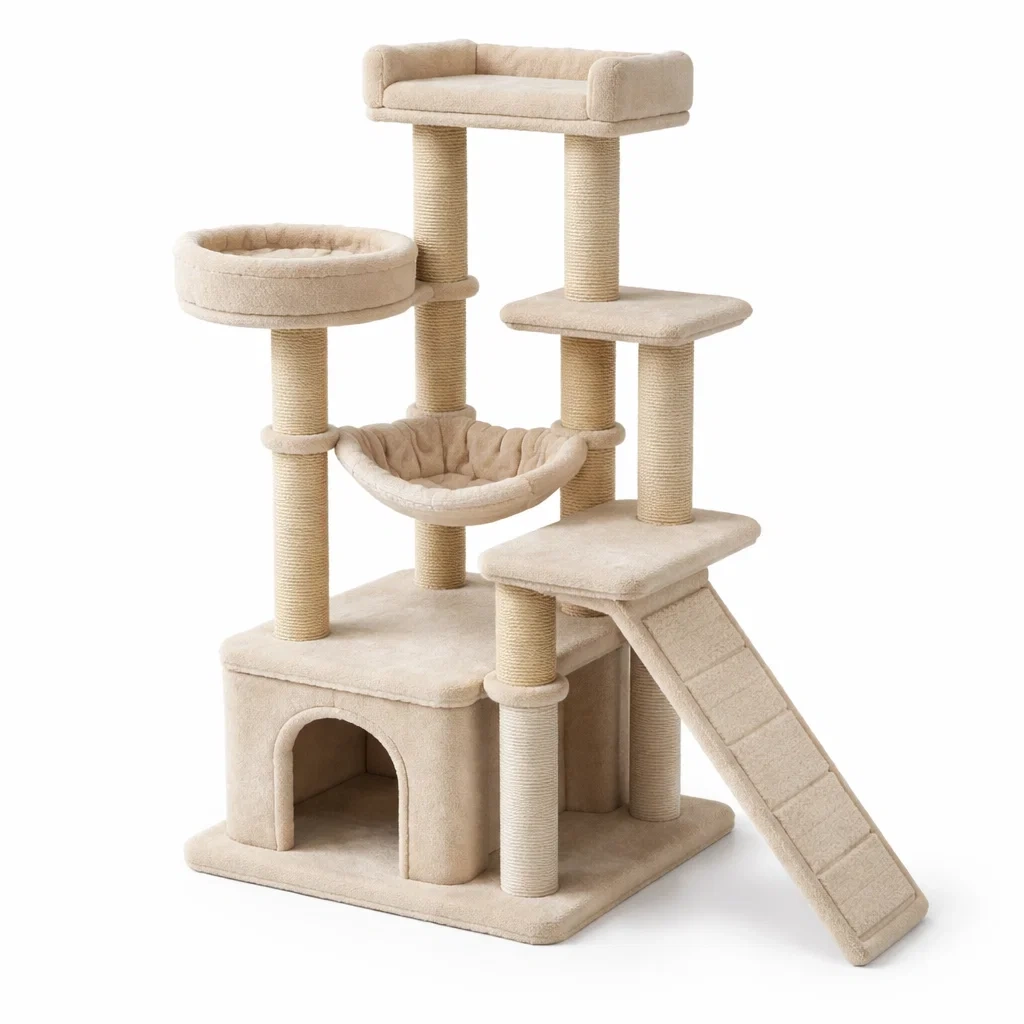 Tiragraffi per gatti in sisal e peluche beige-PURESOFASTYLE