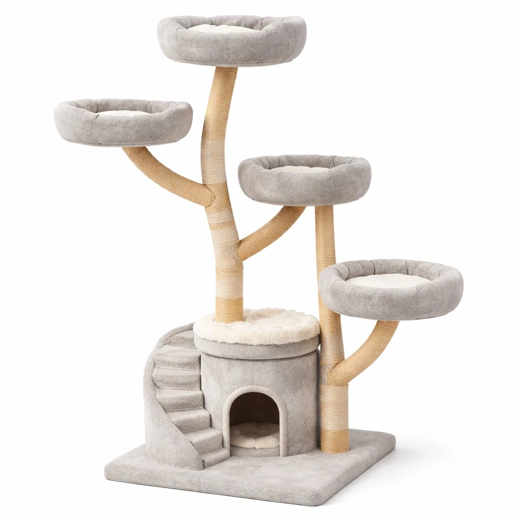 Tiragraffi per gatti in peluche con graffiatoi in sisal grigio-PURESOFASTYLE