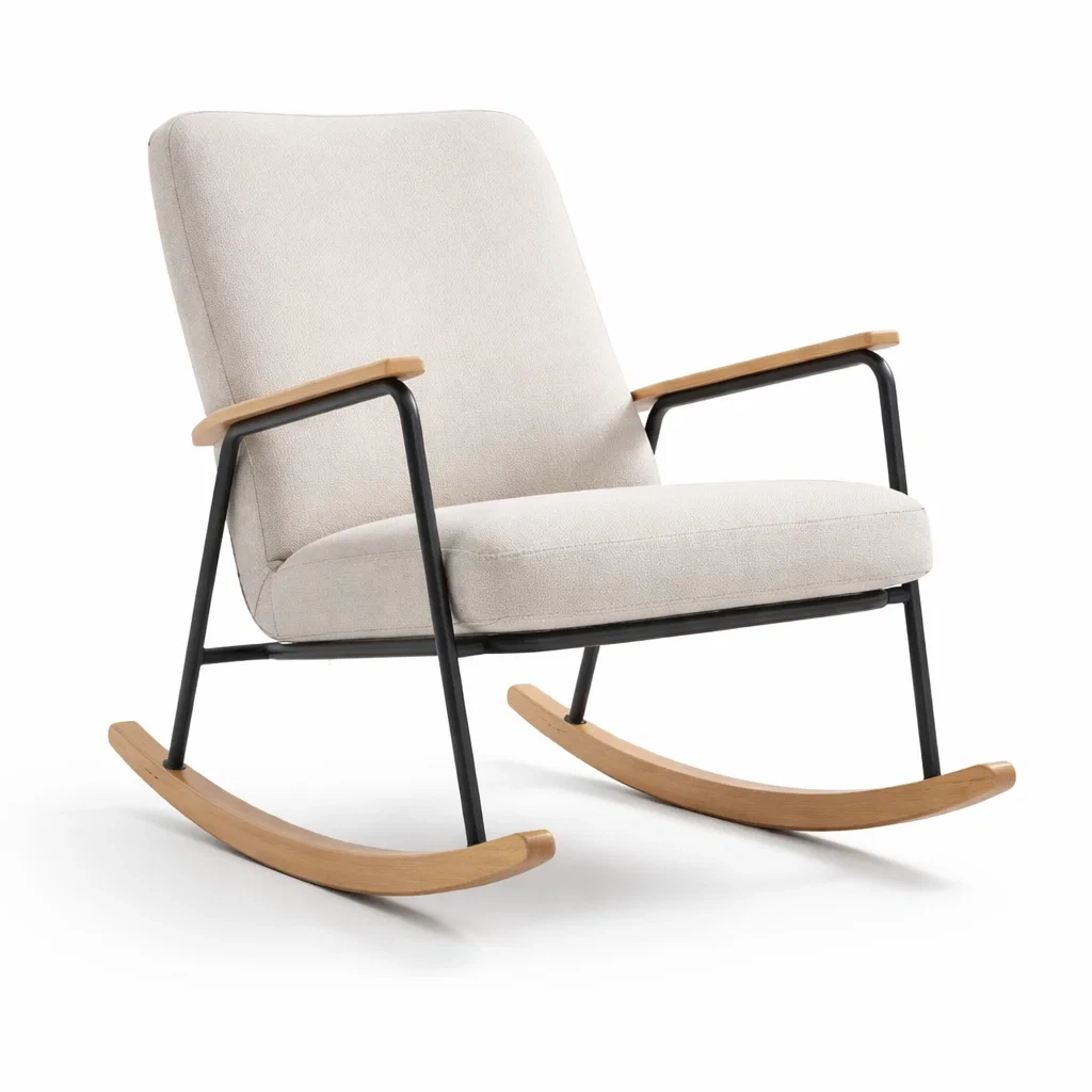 Sedia a dondolo in tessuto con braccioli in legno di faggio e struttura in metallo-cozydesignhome