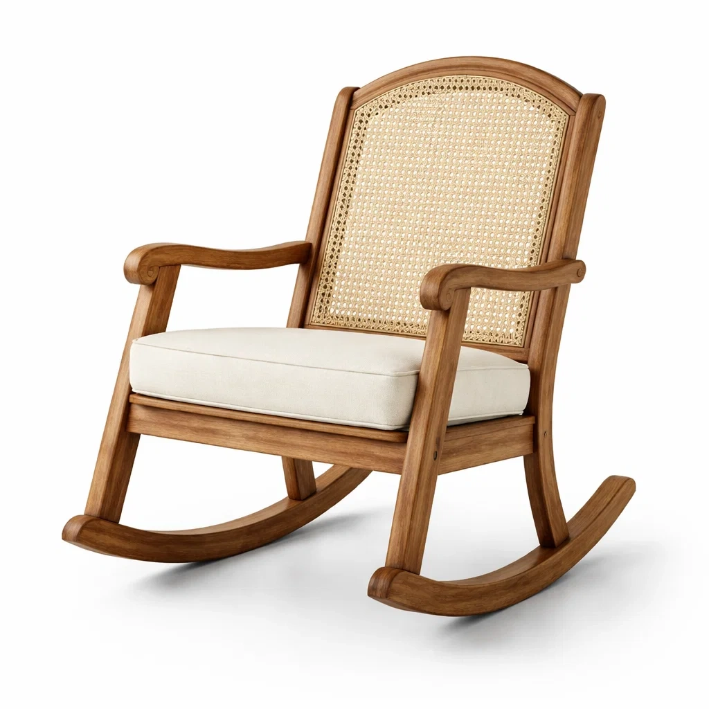 Sedia a dondolo in legno di teak con schienale in rattan e cuscino beige-cozydesignhome
