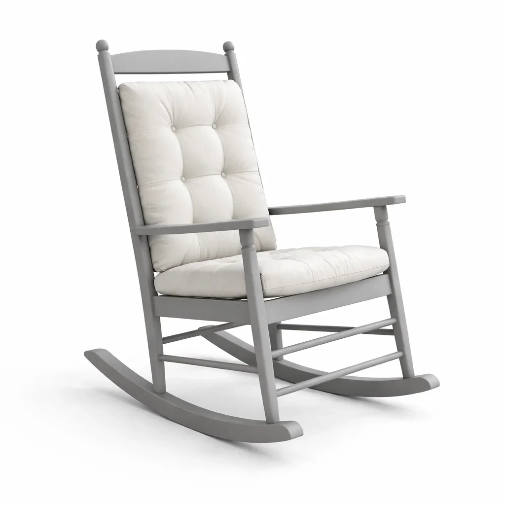 Sedia a dondolo in legno massello con cuscino in poliestere bianco-cozydesignhome