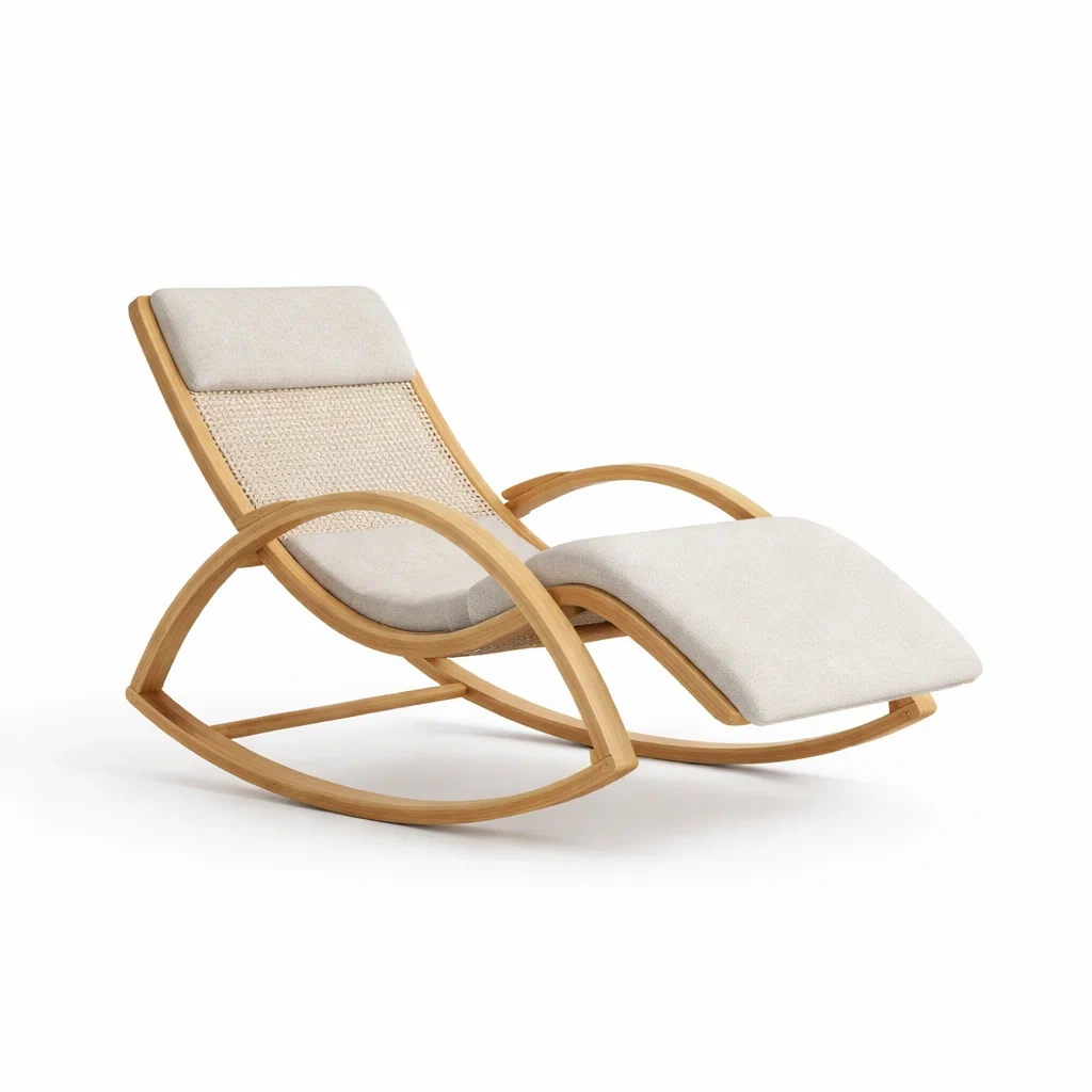 Sedia a dondolo in legno con rivestimento in tessuto beige-cozydesignhome