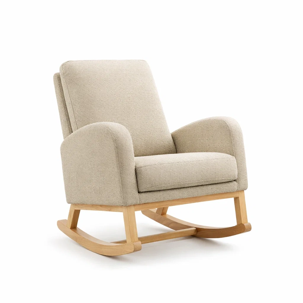 Sedia a dondolo in tessuto di poliestere e rovere crema-cozydesignhome