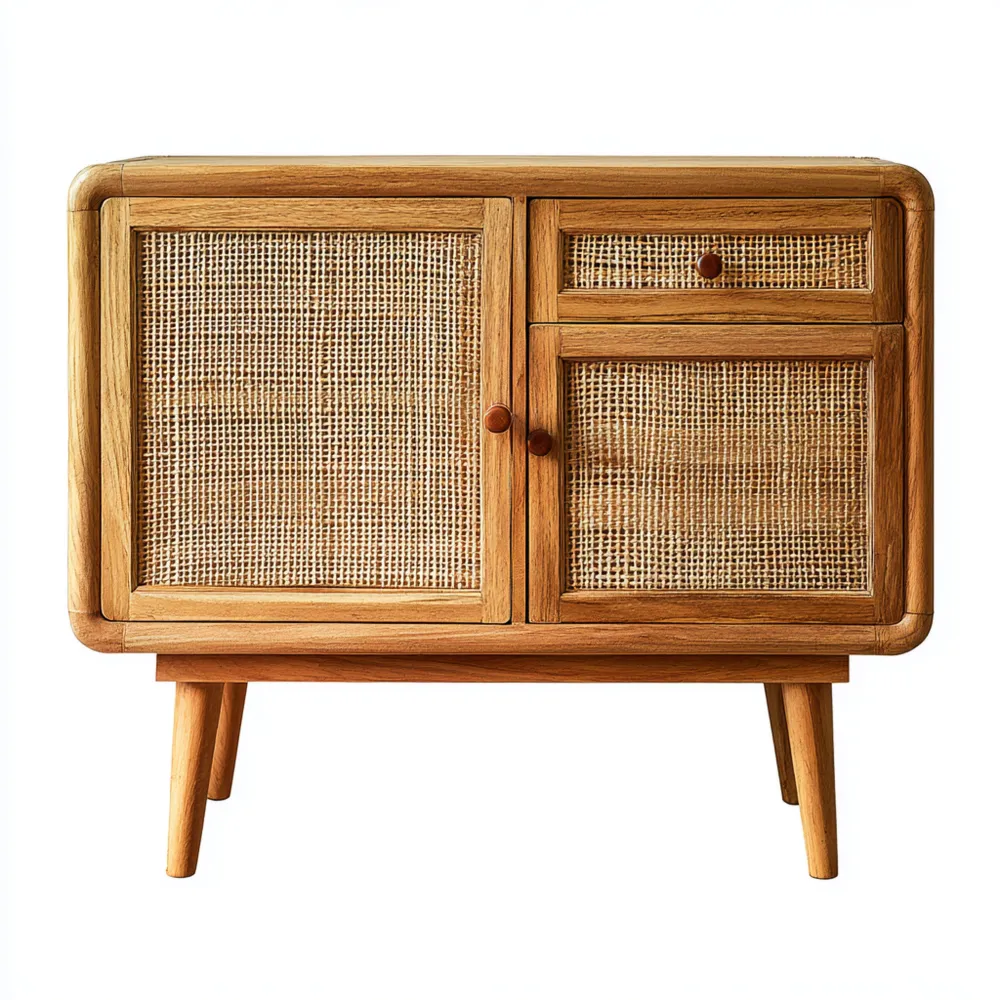 Mobile contenitore in legno naturale di quercia e rattan - 80x40x70 cm - Design retrò-Gentelara