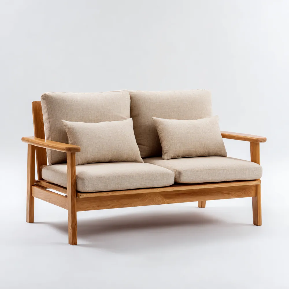 Divano Due Posti 140x85x80 cm Struttura in Legno con Cuscini in Tessuto - Beige - Design Minimalista-Interaviro