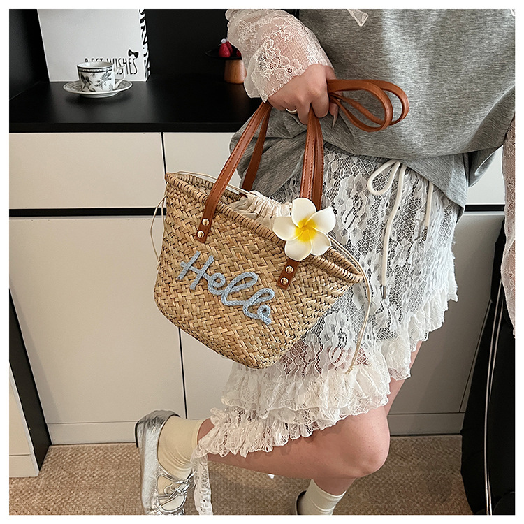 Personalized Hand-Woven Straw Tote Bag - Custom Name Summer Beach Bag with Flower